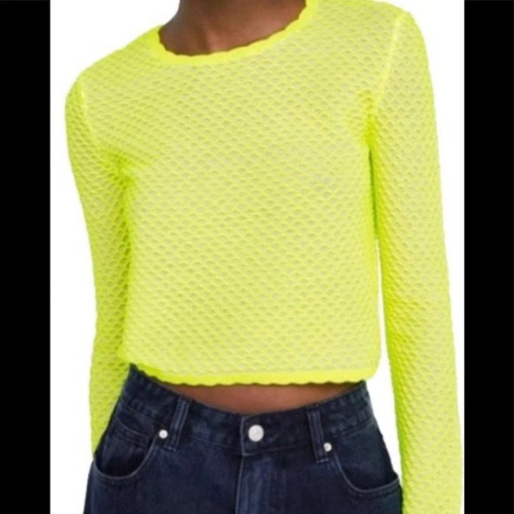 Zara Neon Lime Yellow Fishnet Mesh Open Weave Long Sleeve Top M